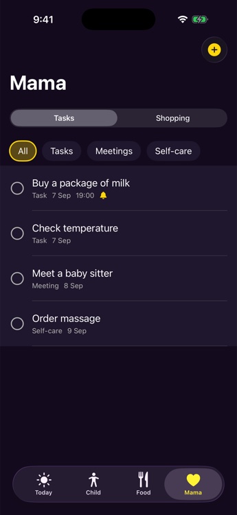 Mama tasks screen with filters